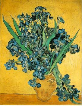 Still Life, Vase with Irises Against a Yellow Background